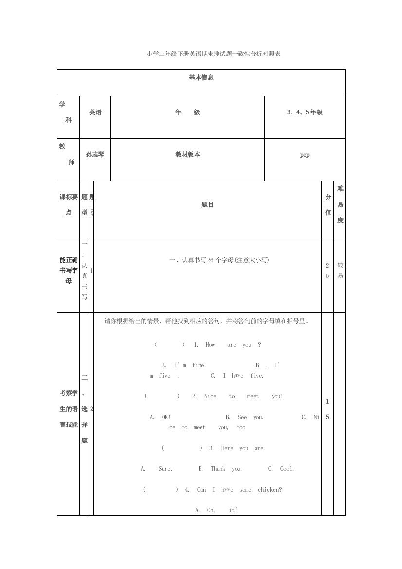 小学三年级下册英语期末测试题一致性分析对照表