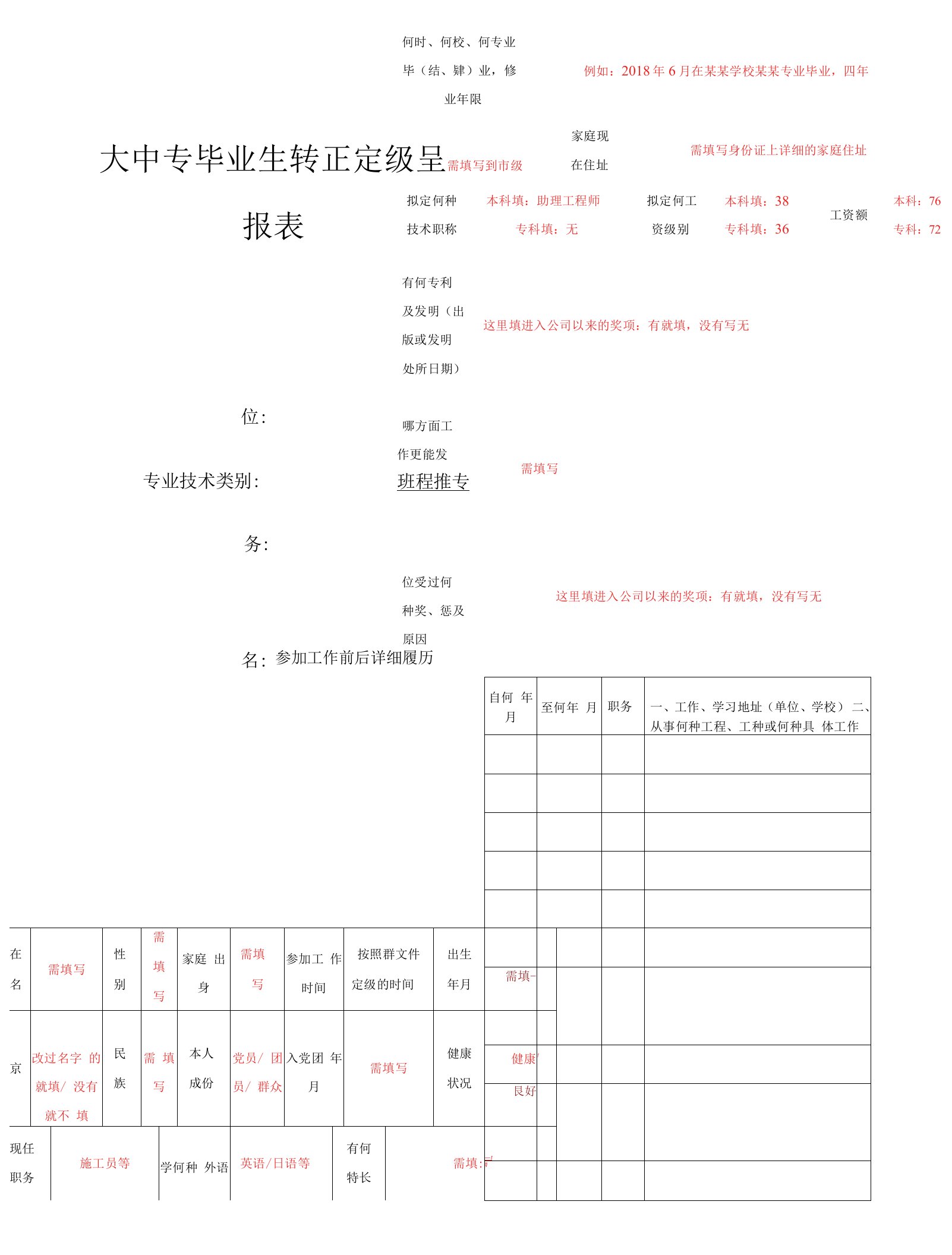 大中专毕业生转正定级呈报表