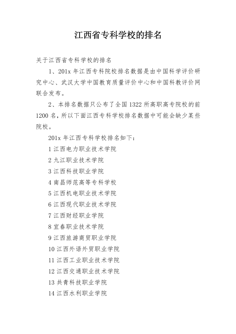 江西省专科学校的排名