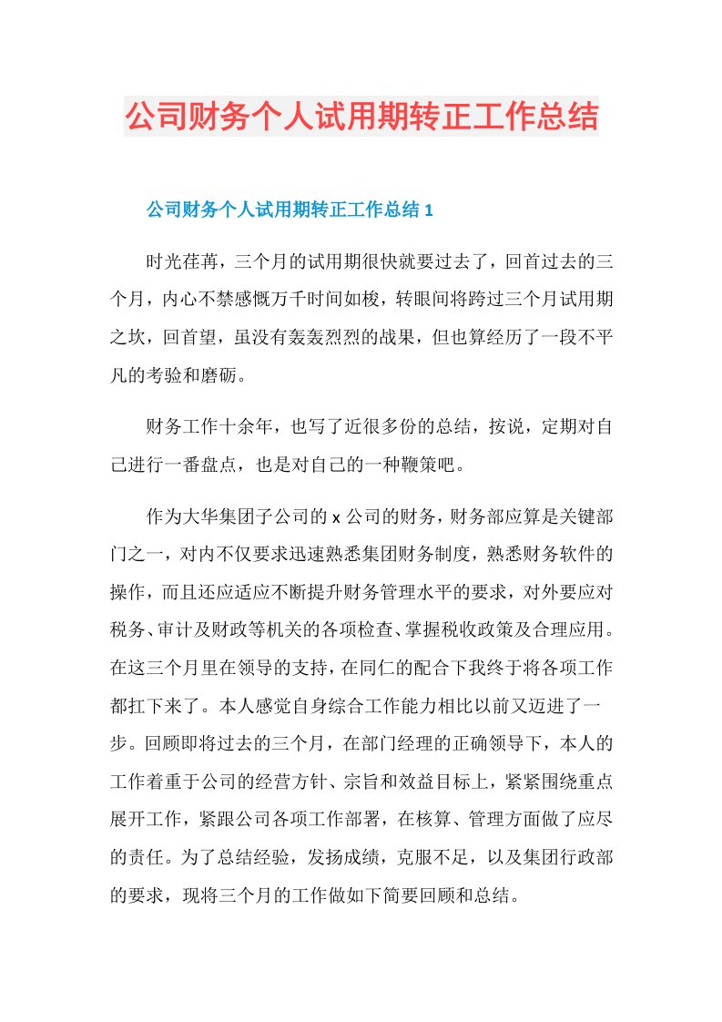 公司财务个人试用期转正工作总结