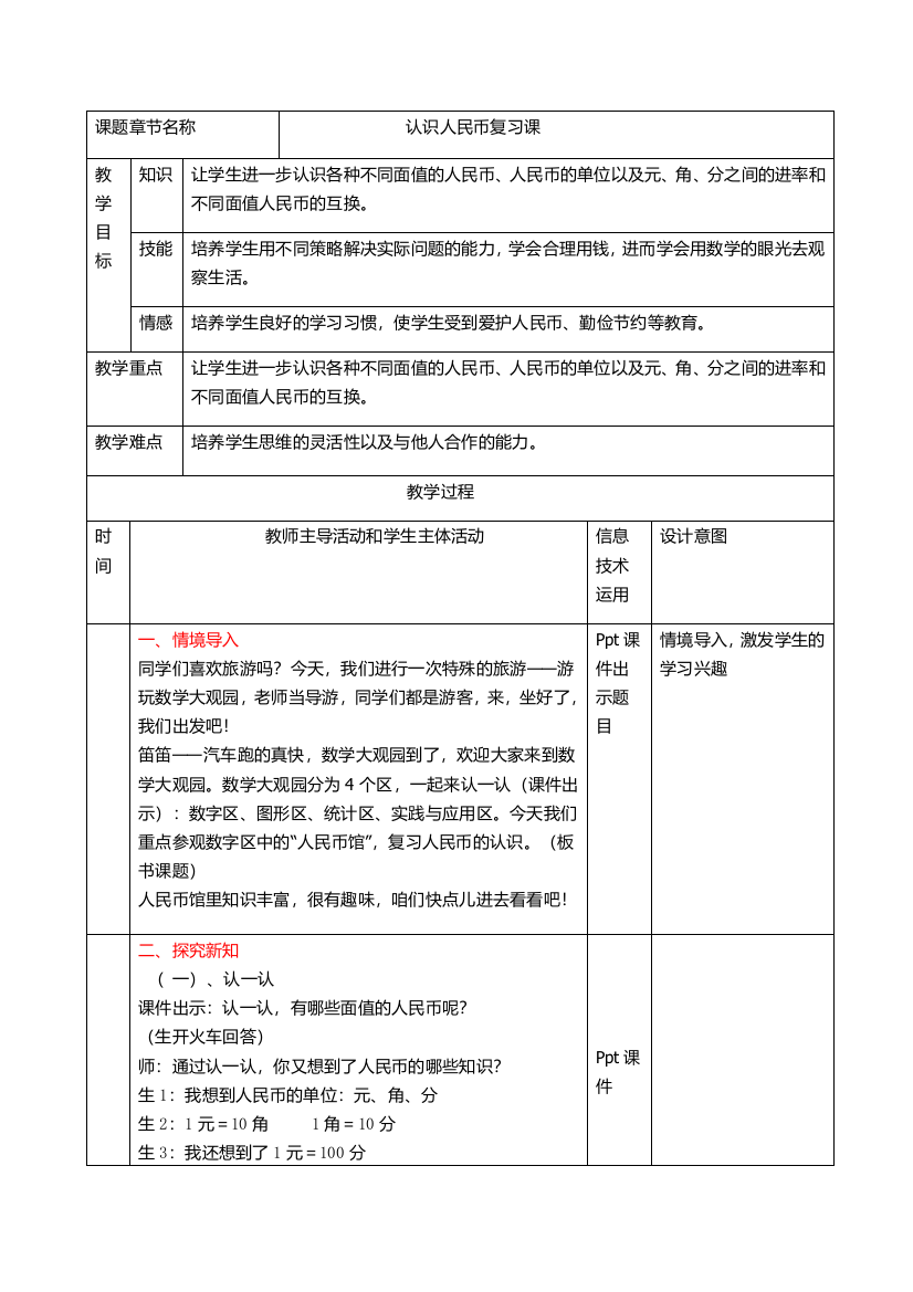 小学数学人教一年级人民币复习课