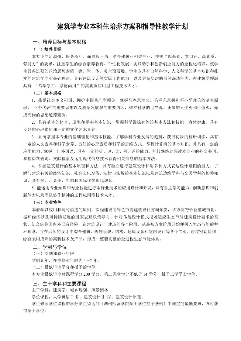 建筑学专业本科生培养方案和指导性教学计划