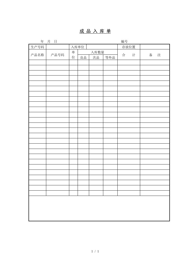 公司成品入库表单