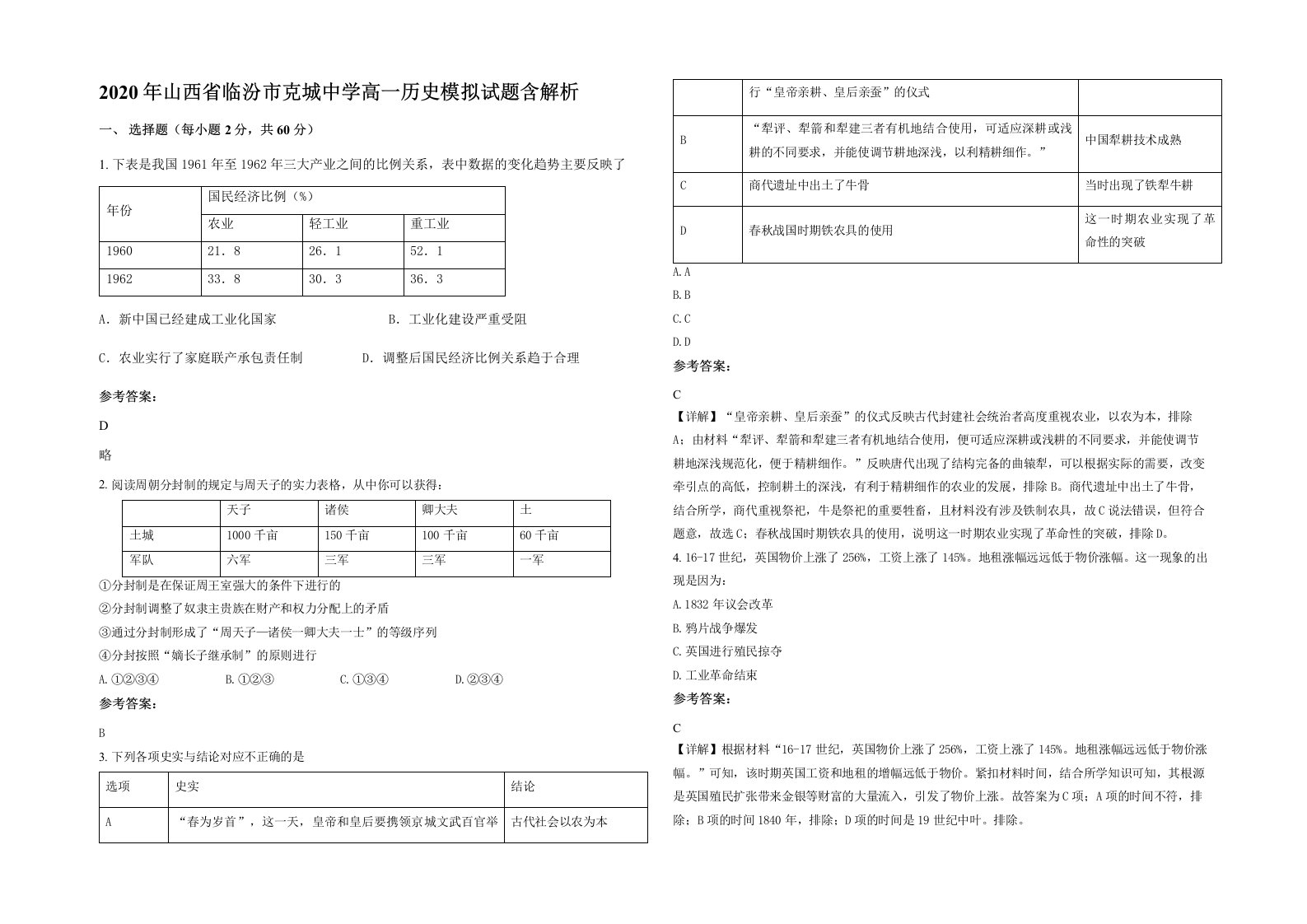 2020年山西省临汾市克城中学高一历史模拟试题含解析