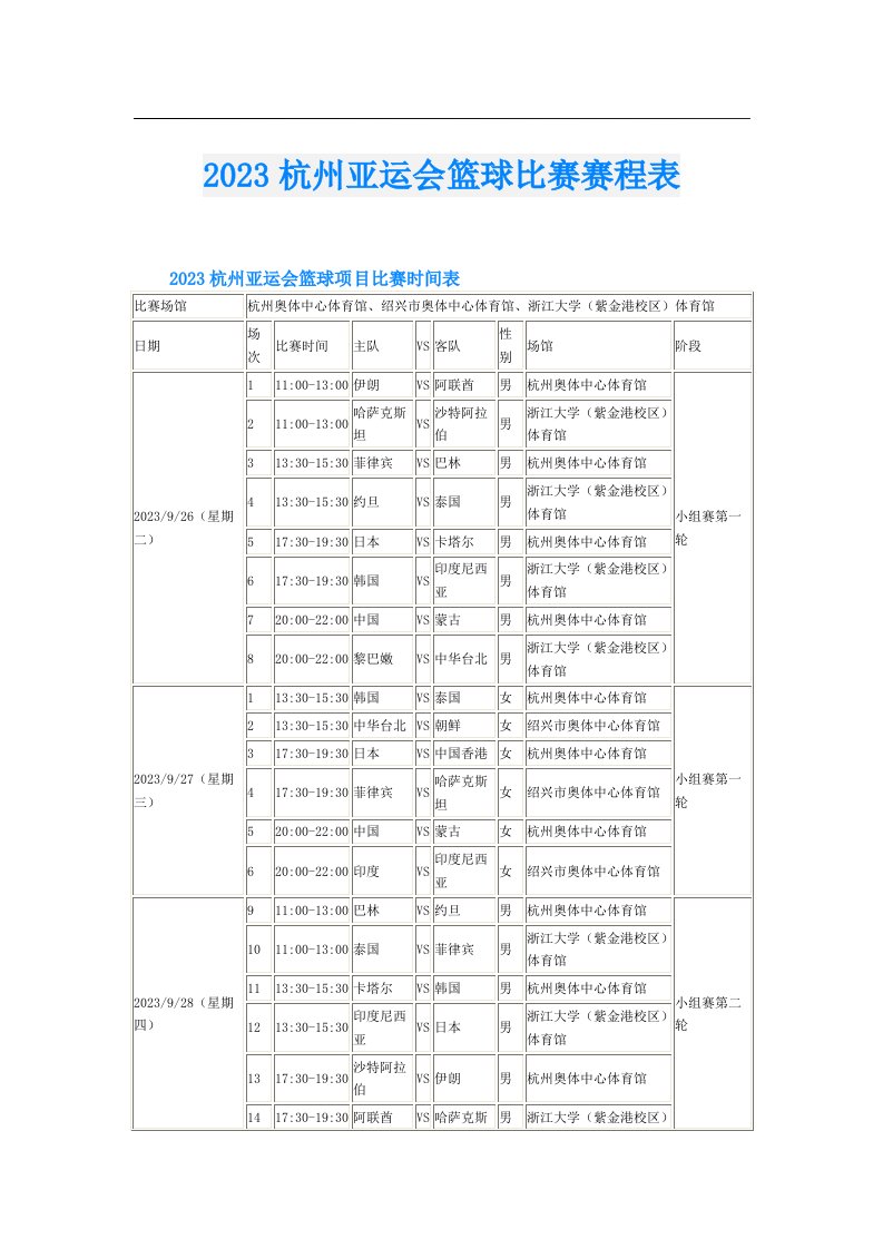 杭州亚运会篮球比赛赛程表