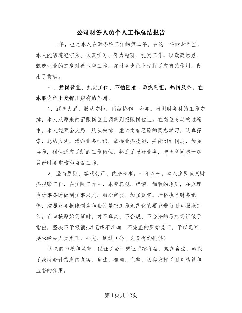 公司财务人员个人工作总结报告（4篇）