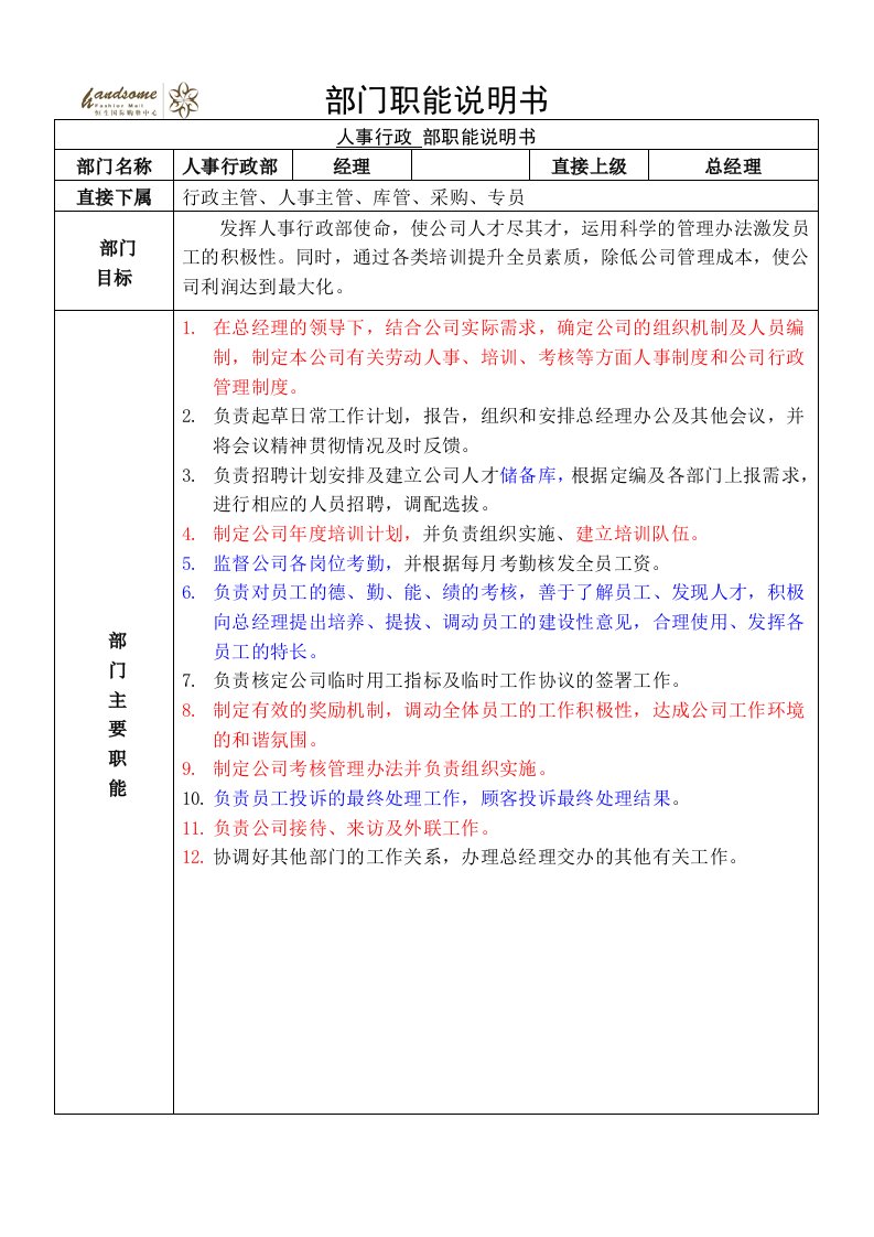 人事行政部岗位职责审定