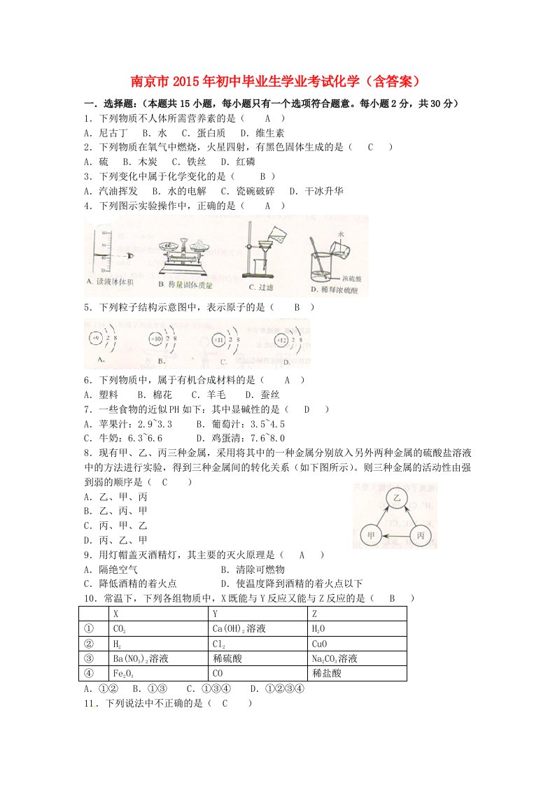 江苏省南京市2015年中考化学真题试题(含答案)