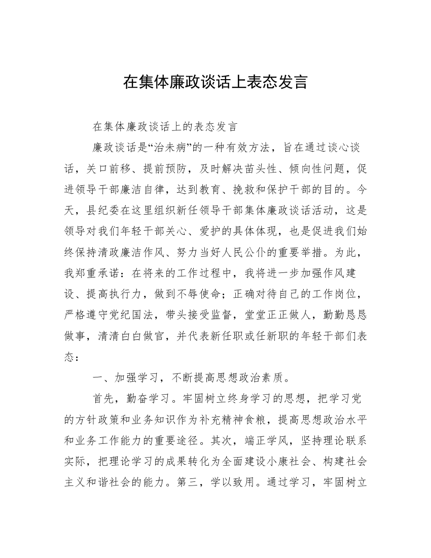 在集体廉政谈话上表态发言