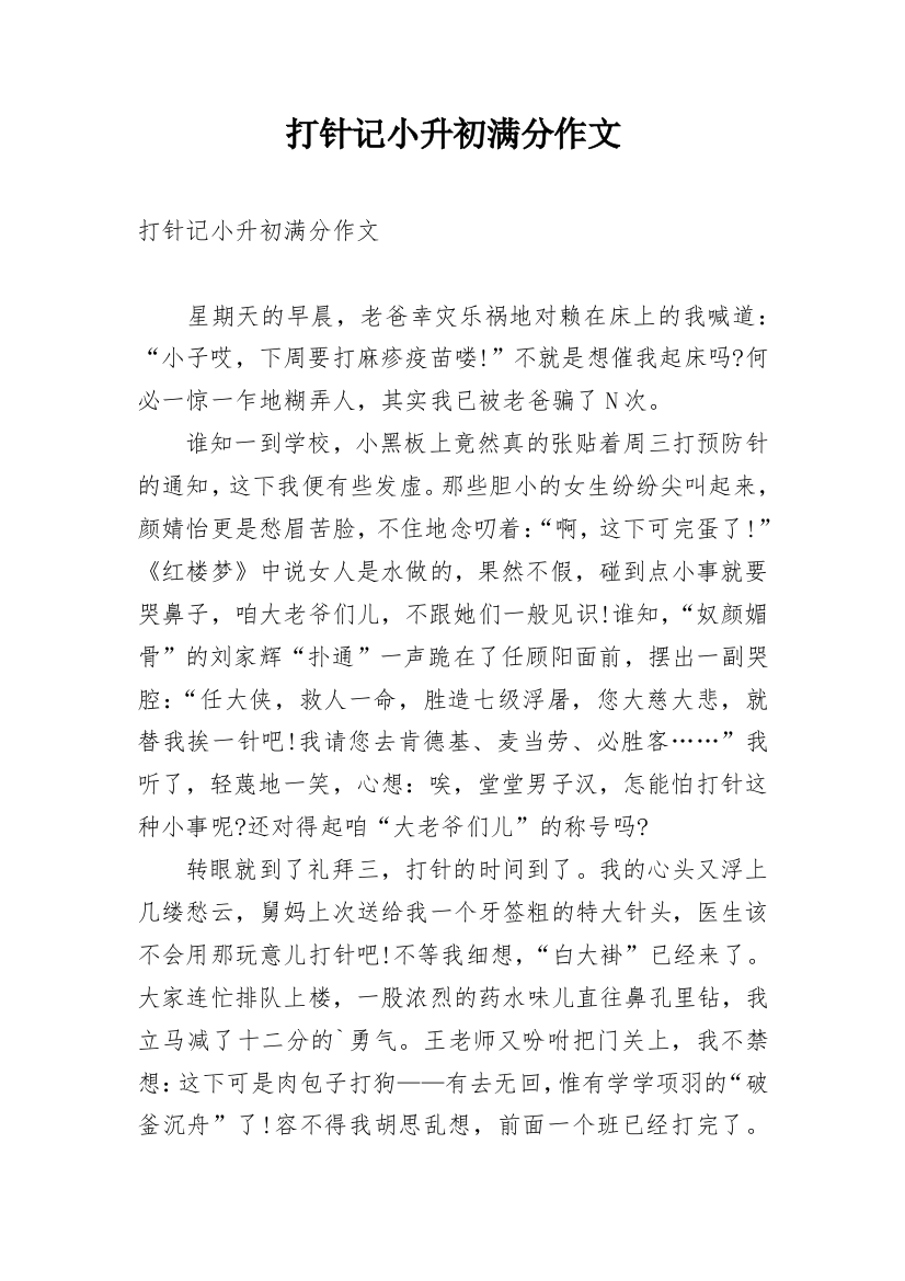 打针记小升初满分作文