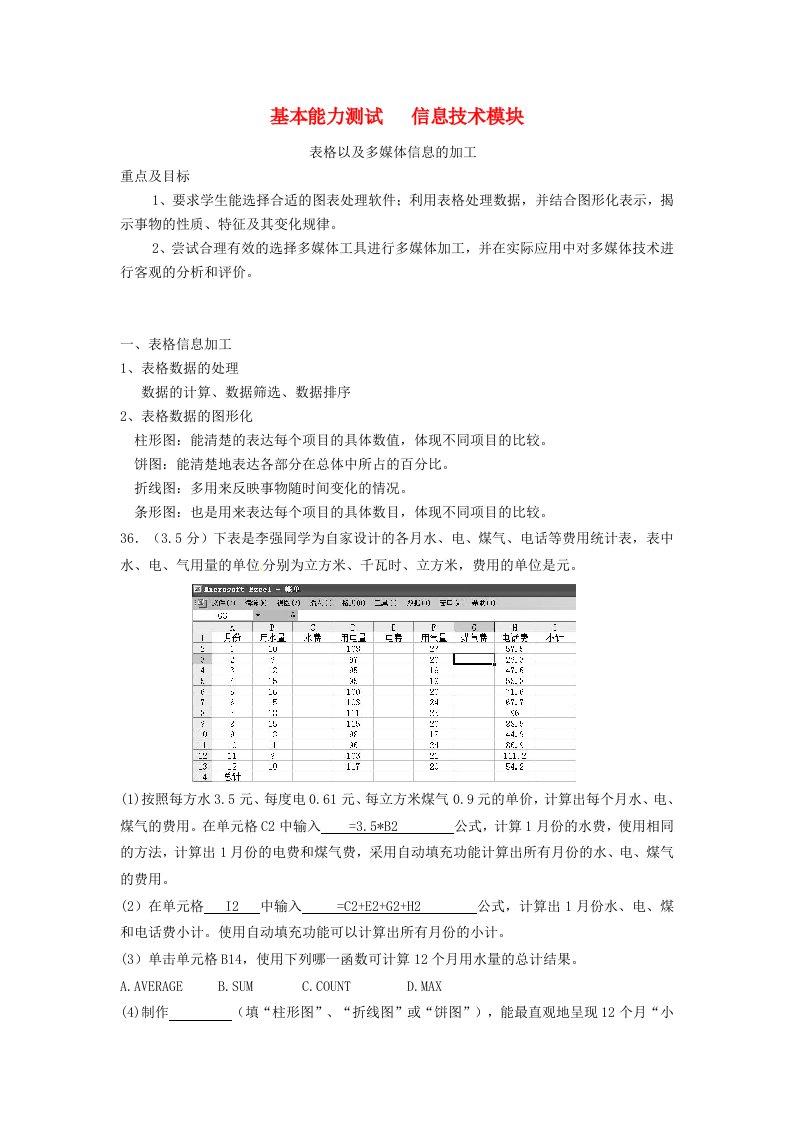 高中信息技术第四周表格多媒体信息的加工学案