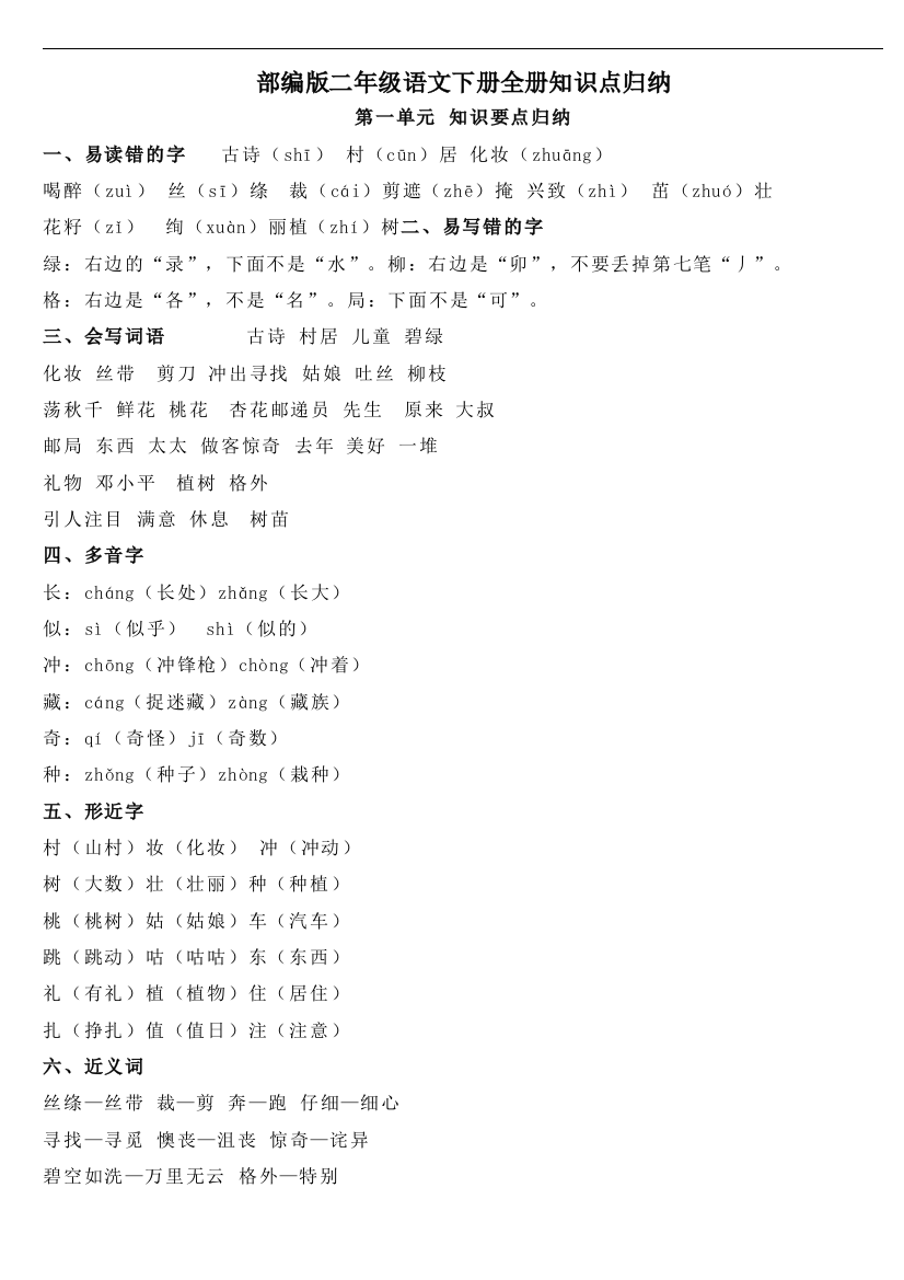 (完整word版)2019部编版二年级语文下册全册知识点归纳