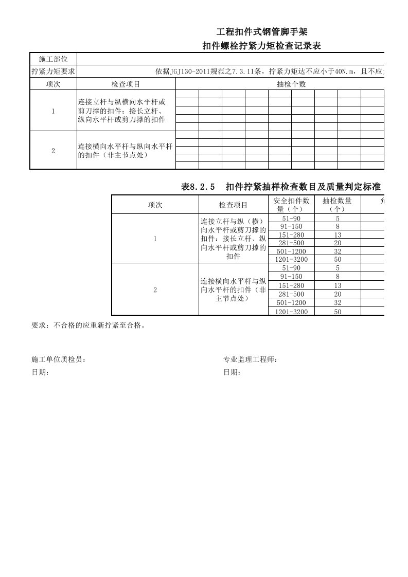 扣件拧紧力矩检查记录表