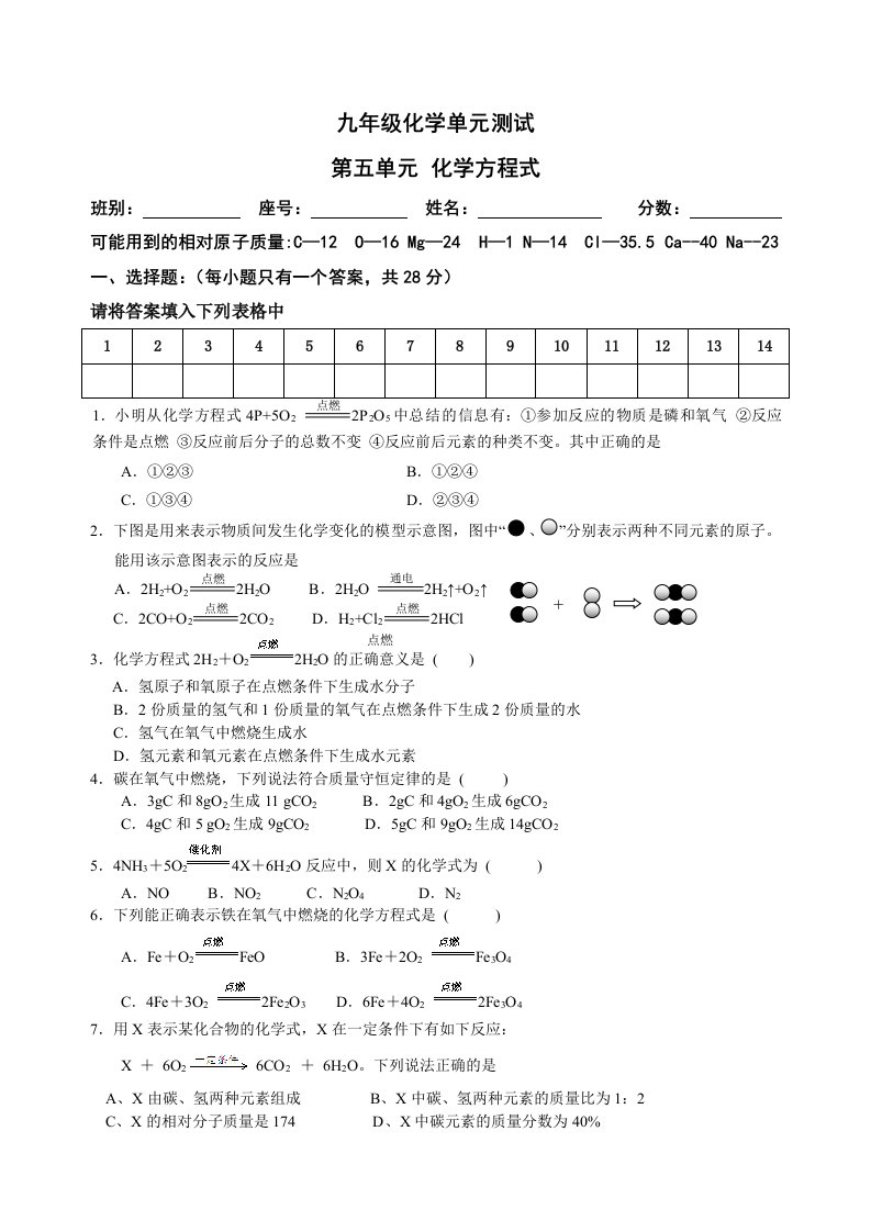 2012中考化学第五单元化学方程式单元测试