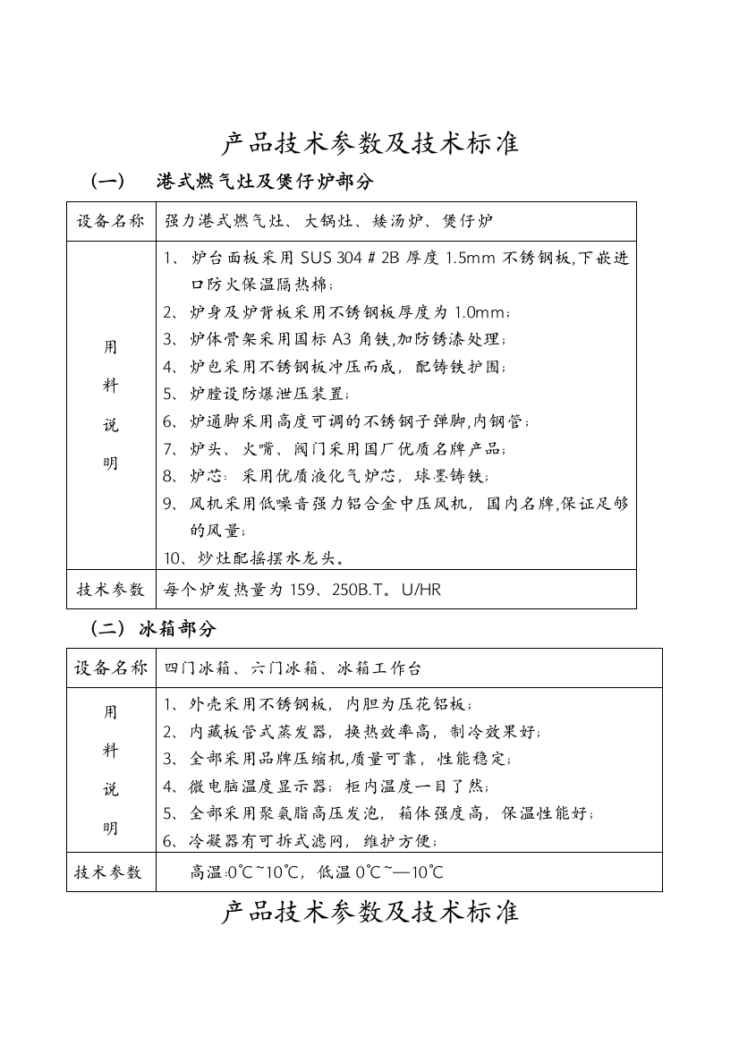 产品技术参数及技术标准