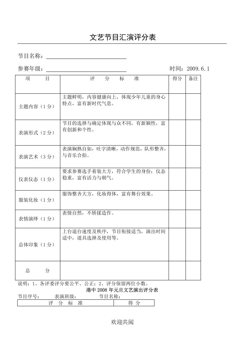 文艺节目汇演评分表格模板