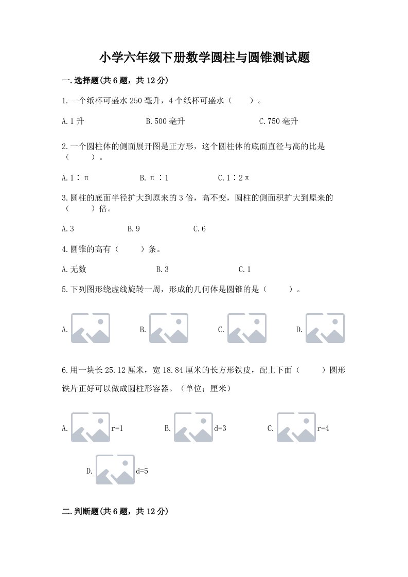 小学六年级下册数学圆柱与圆锥测试题含答案（满分必刷）