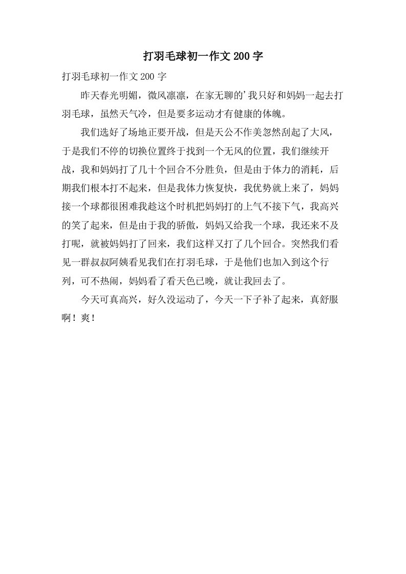 打羽毛球初一作文200字