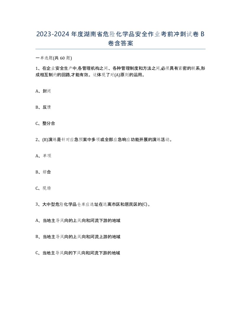 20232024年度湖南省危险化学品安全作业考前冲刺试卷B卷含答案