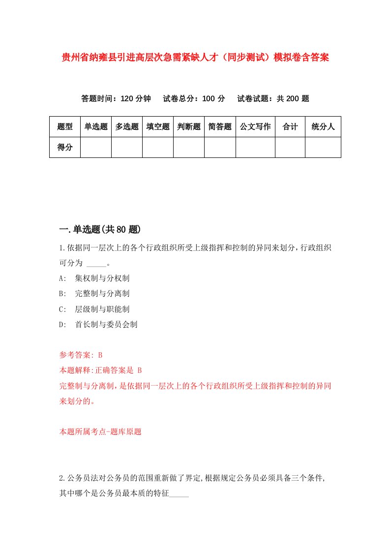 贵州省纳雍县引进高层次急需紧缺人才同步测试模拟卷含答案8