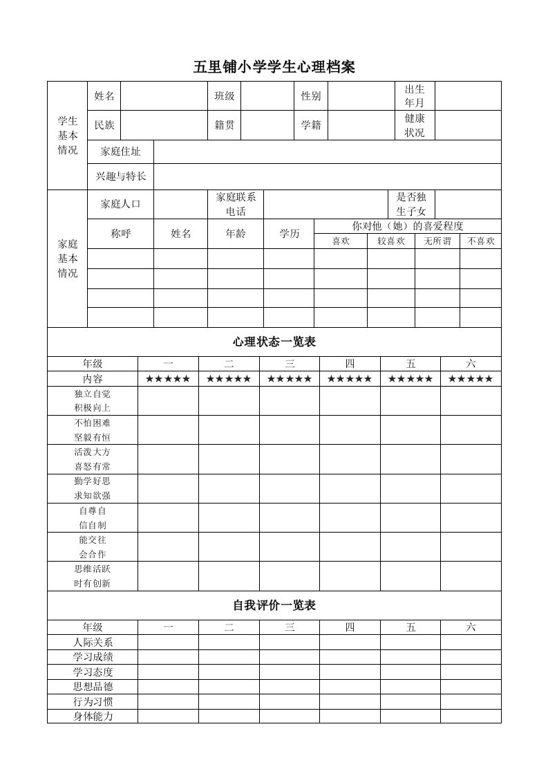 五里铺小学学生心理档案