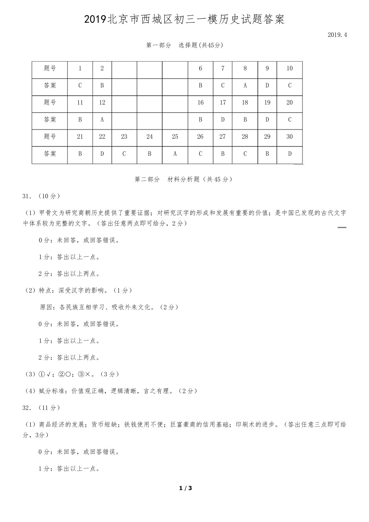 2019北京市西城区初三一模历史试题答案