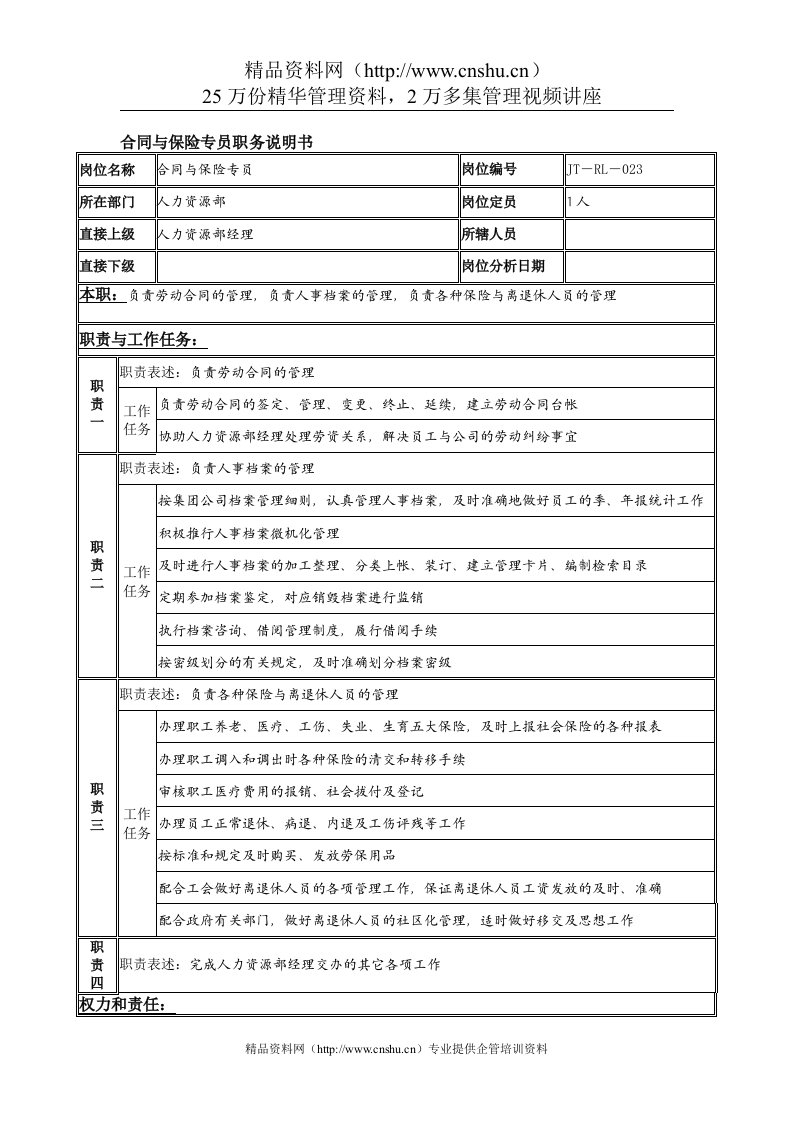 合同与保险专员岗位说明书