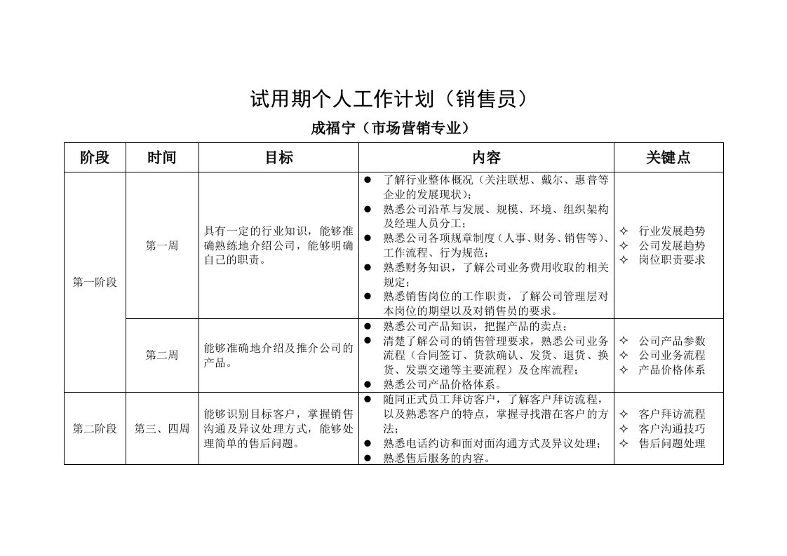 人事管理-销售员试用期工作计划