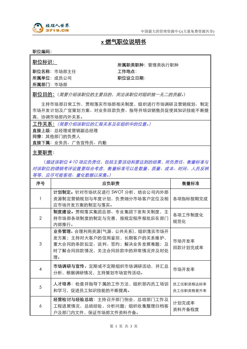 x燃气公司市场部主任职责说明(doc)-石油化工