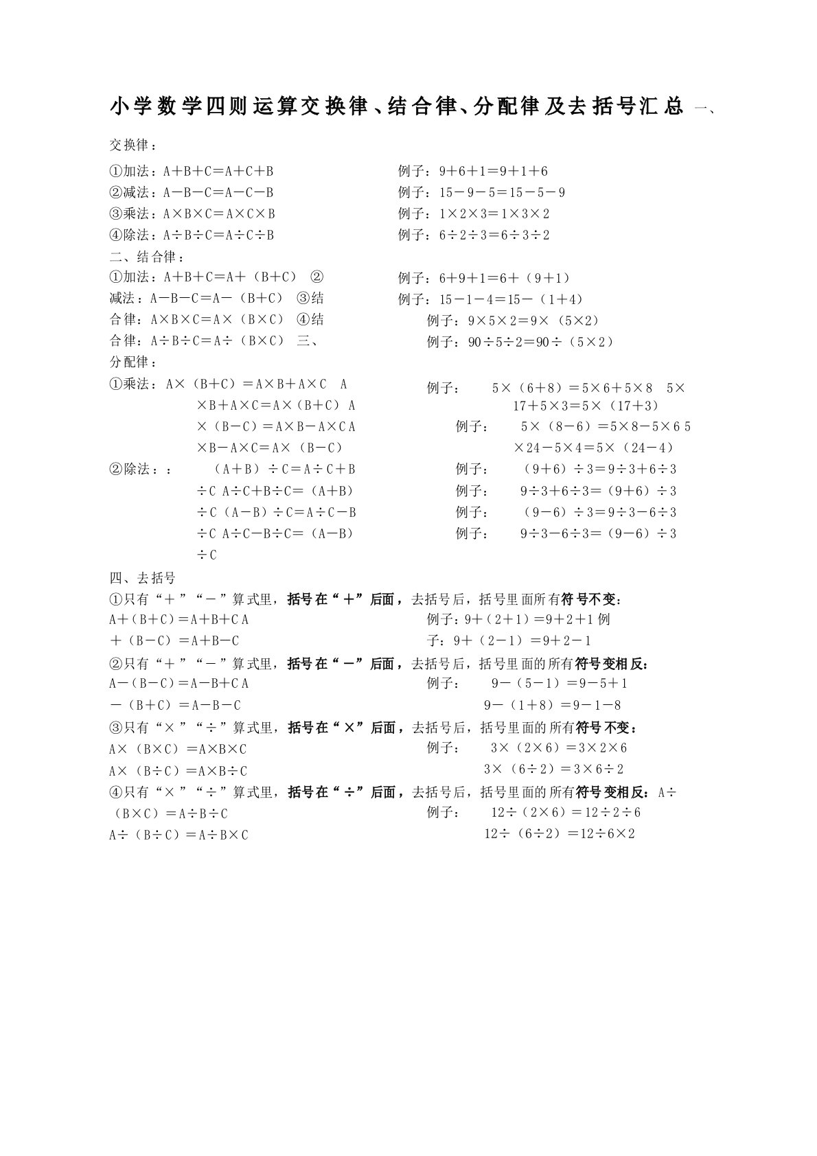 小学数学四则运算交换律结合律分配律及去括号汇总