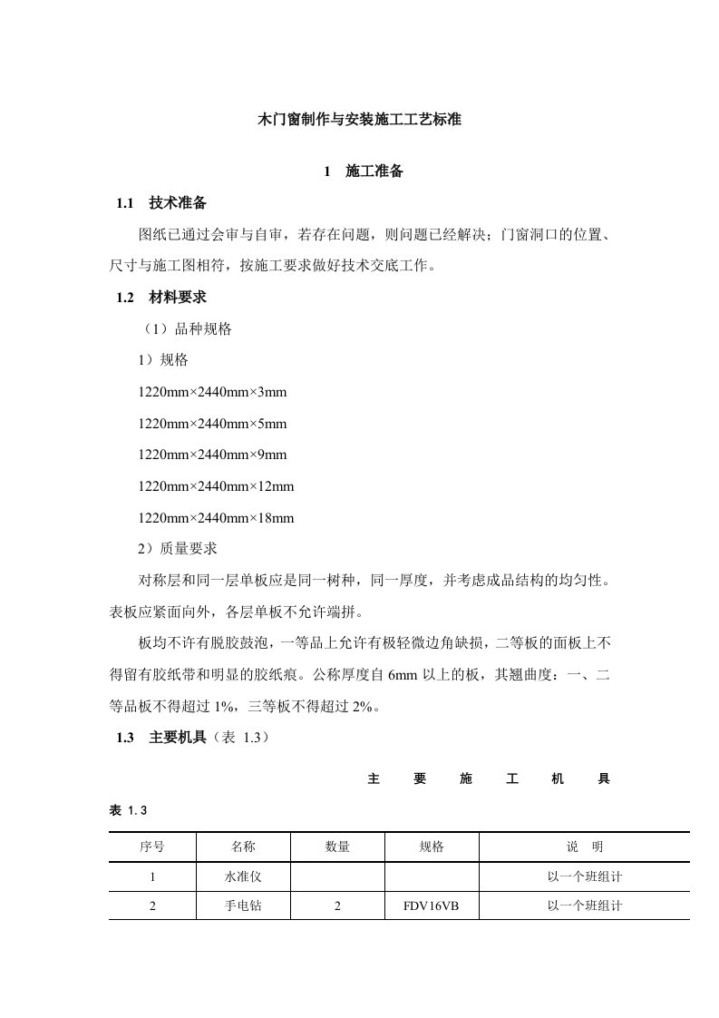 木门窗制作和安装施工工艺标准