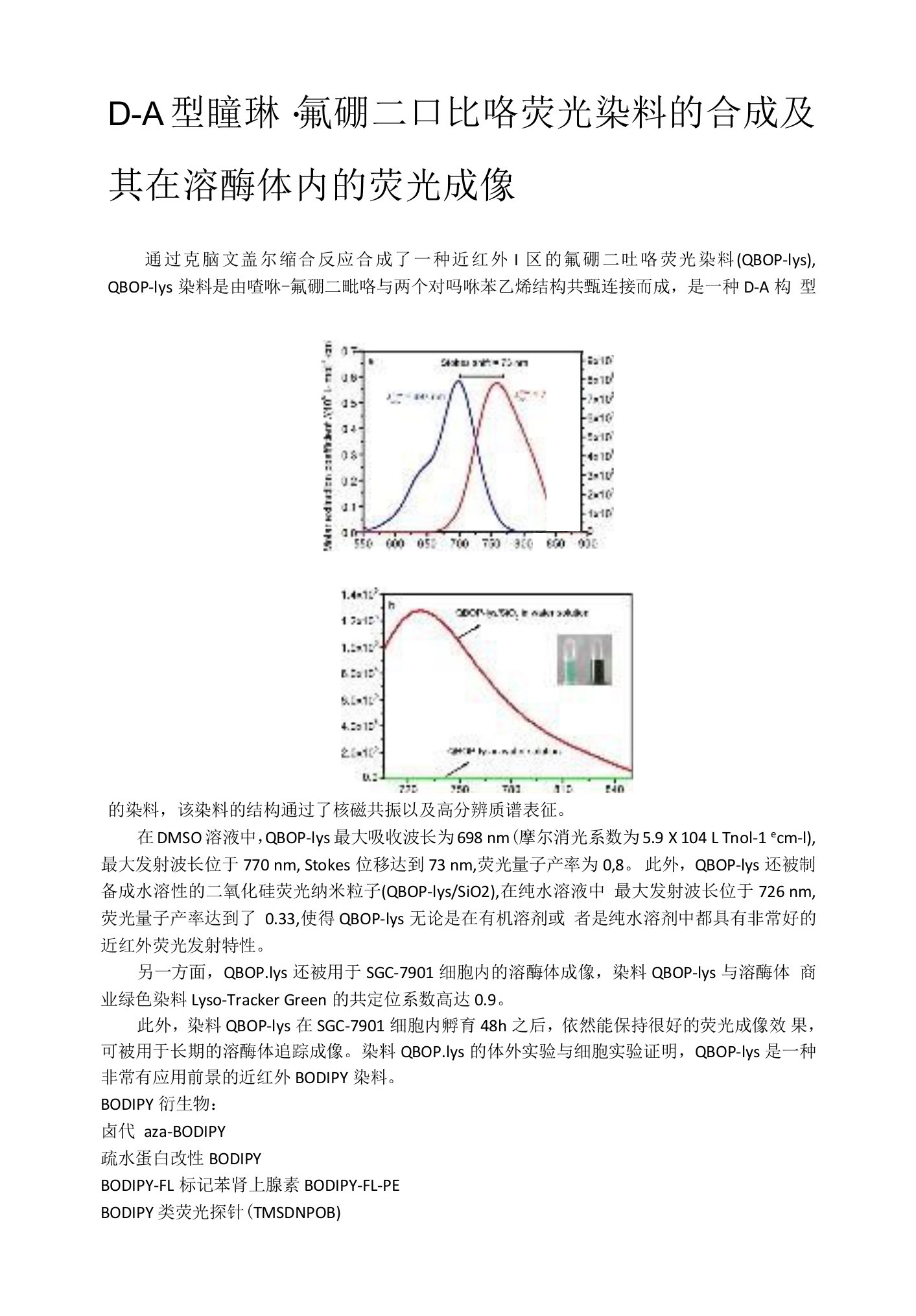 D-A型喹啉-氟硼二吡咯荧光染料的合成及其在溶酶体内的荧光成像