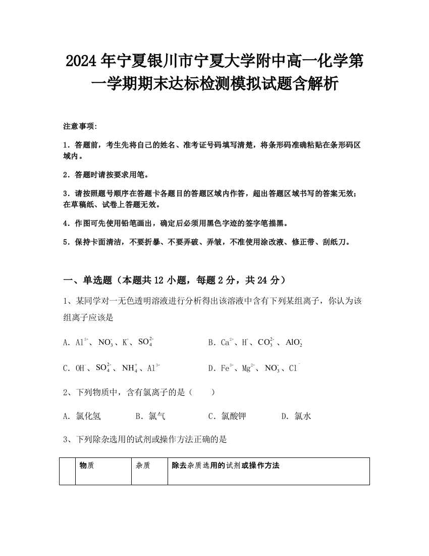 2024年宁夏银川市宁夏大学附中高一化学第一学期期末达标检测模拟试题含解析