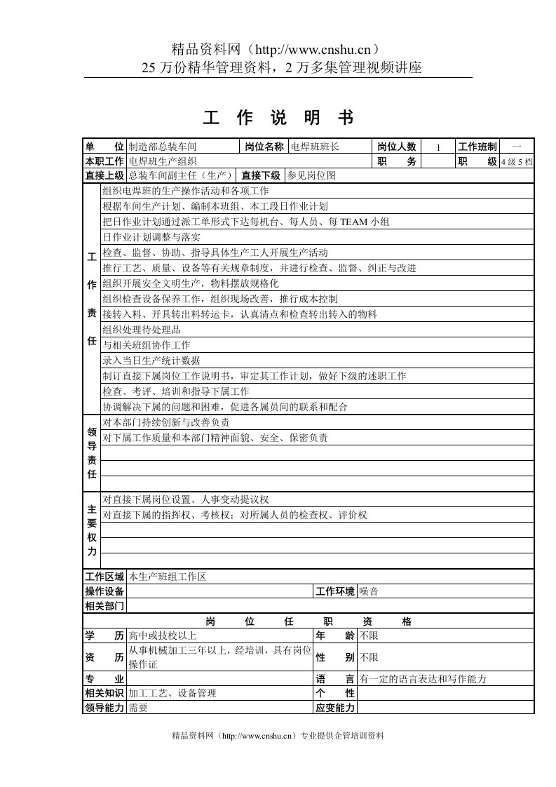 电焊班班长工作说明书