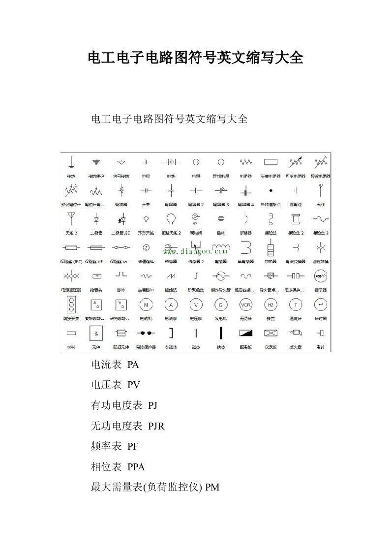 电工电子电路图符英文缩写大全