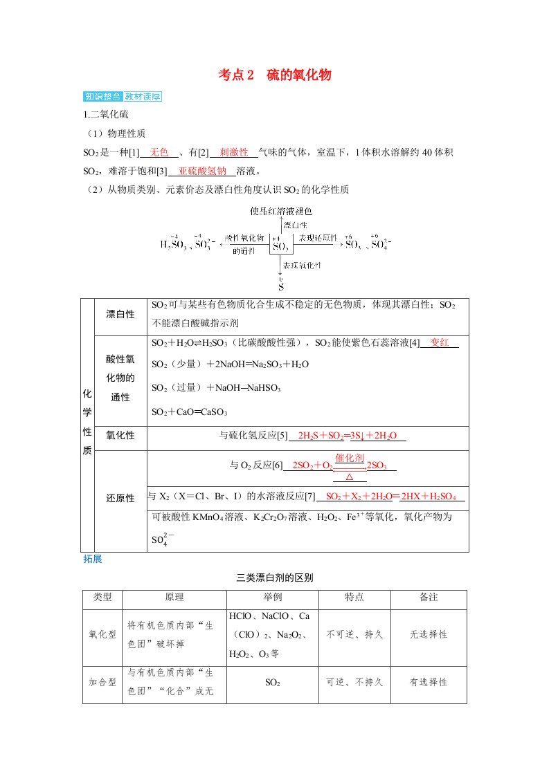 备考2024届高考化学一轮复习讲义第四章非金属及其化合物第3讲硫及其化合物考点2硫的氧化物