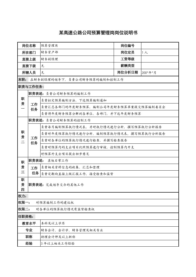 高速公路公司预算管理岗岗位说明书