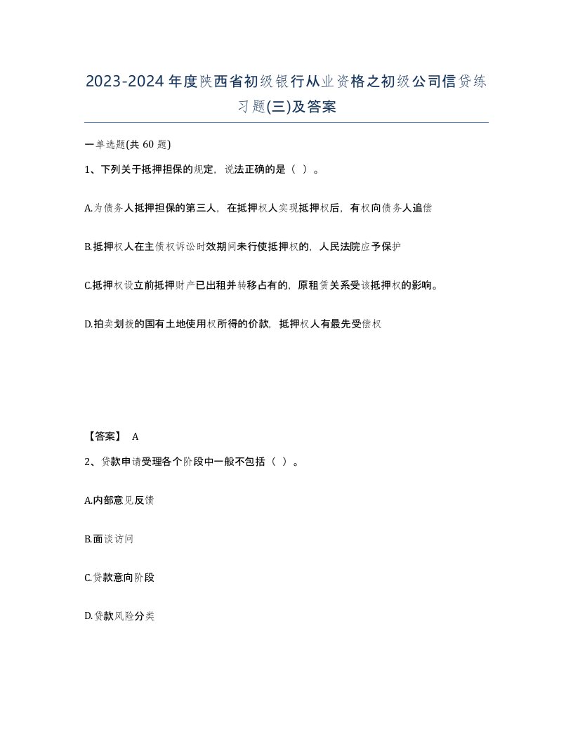 2023-2024年度陕西省初级银行从业资格之初级公司信贷练习题三及答案