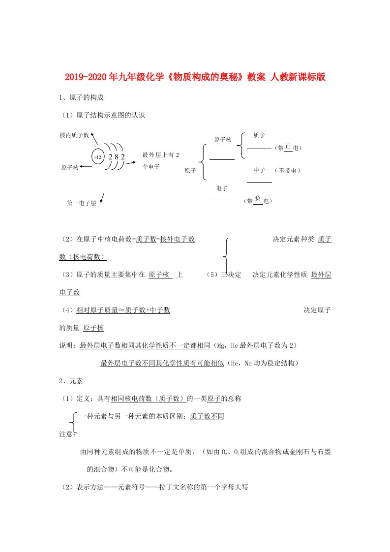 2019-2020年九年级化学《物质构成的奥秘》教案