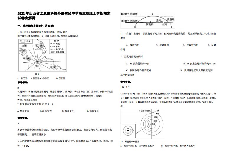 2021年山西省太原市科技外语实验中学高三地理上学期期末试卷含解析