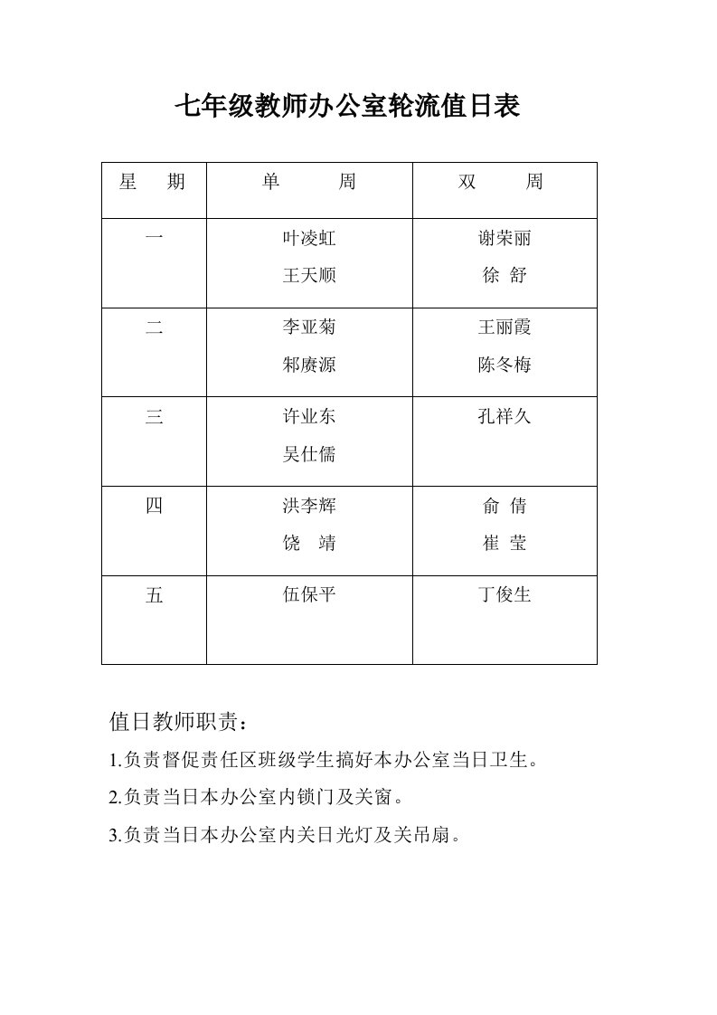 办公室教师轮流值日表