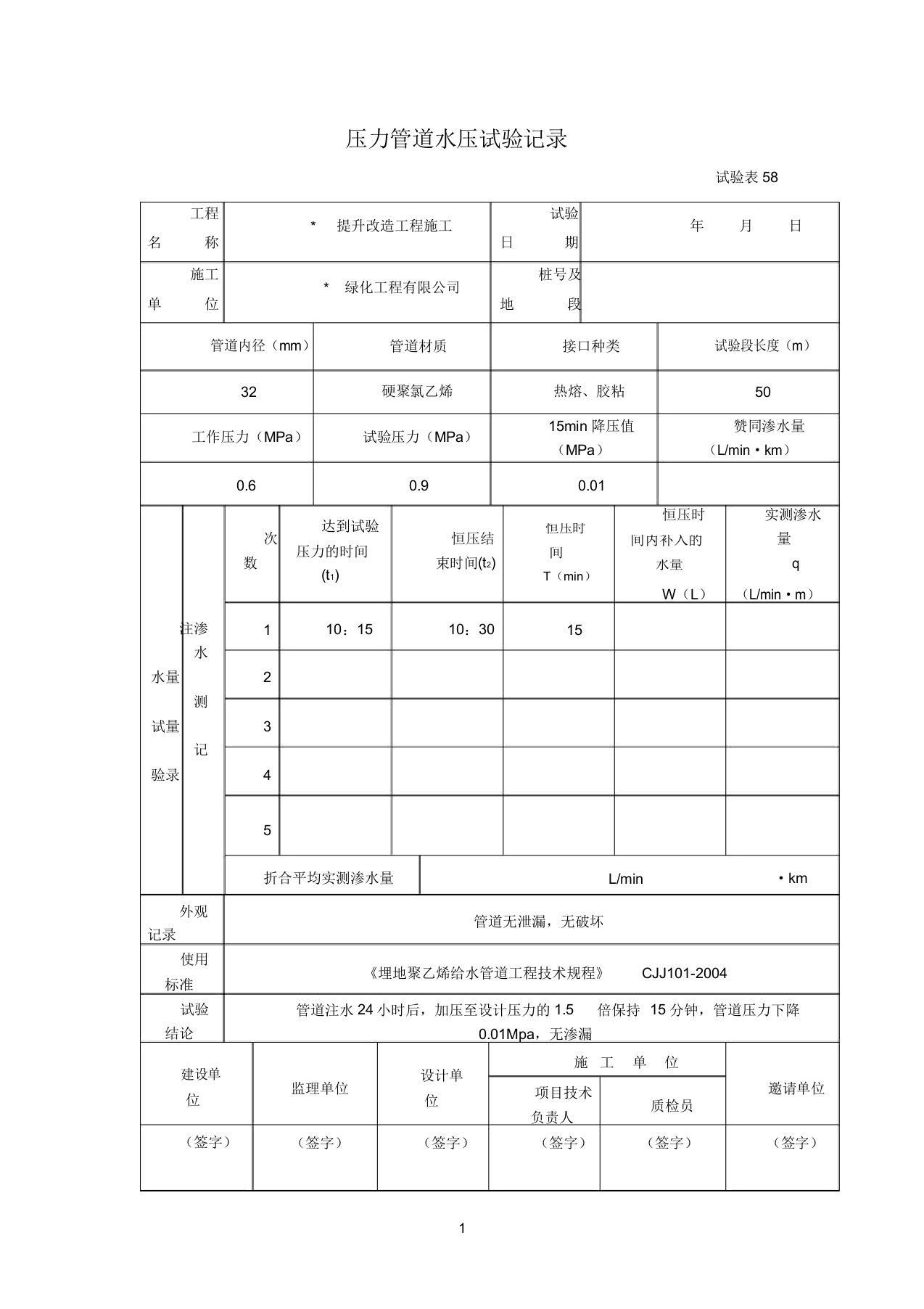 压力管道水压试验记录范文