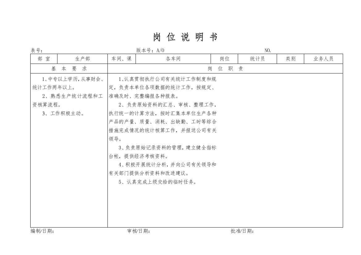 某大型摩配企业统计员岗位说明书