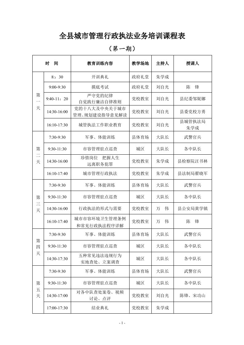 全县城市管理行政执法业务培训课程表