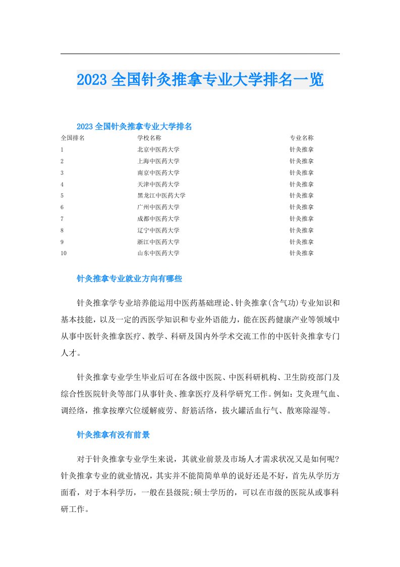 全国针灸推拿专业大学排名一览