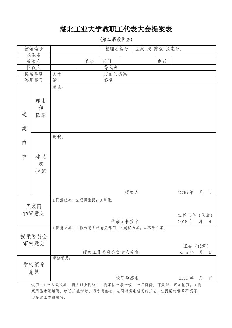 湖北工业大学教职工代表大会提案表