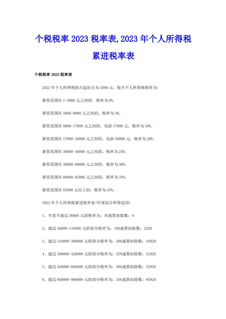 个税税率2023税率表,2023年个人所得税累进税率表