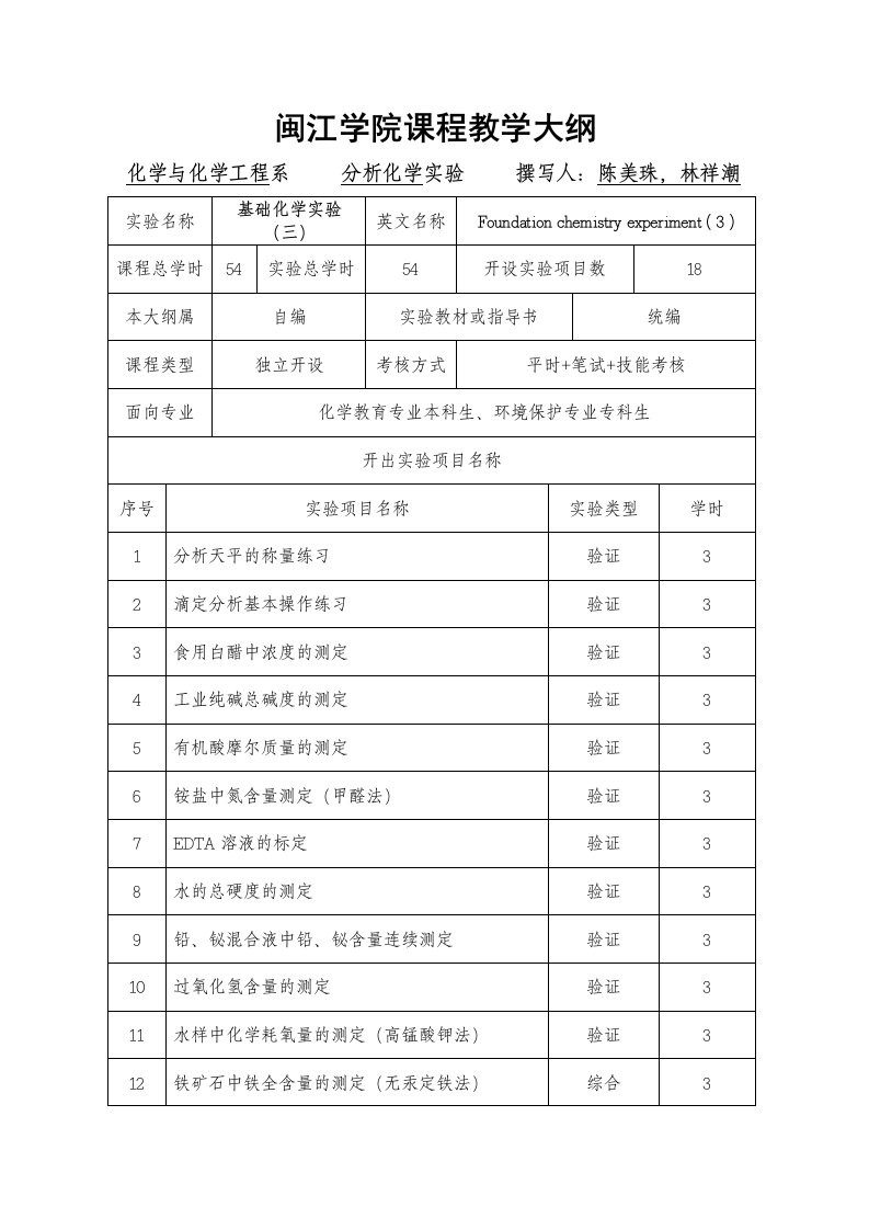 闽江学院课程教学大纲