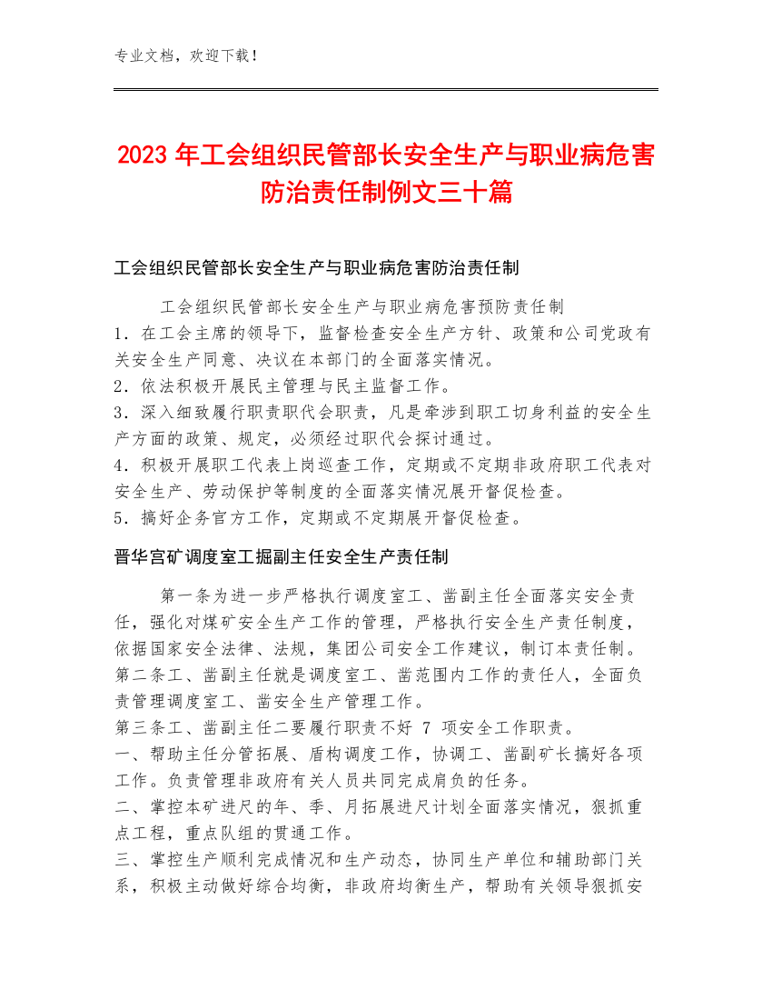 2023年工会组织民管部长安全生产与职业病危害防治责任制例文三十篇