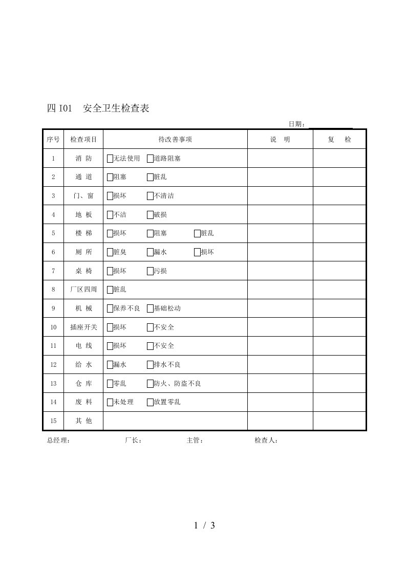 企业安全卫生检查表